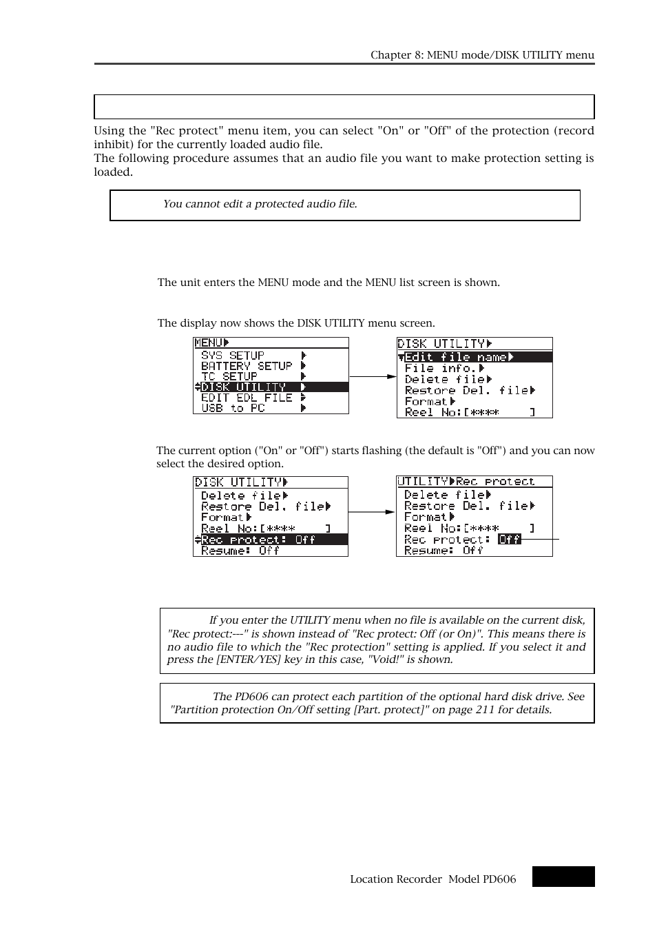 Record protection on/off setting [rec protect | Fostex PD606 User Manual | Page 209 / 226