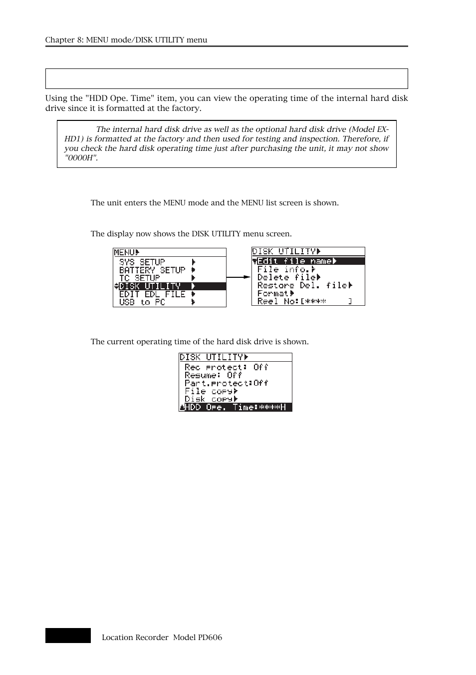 Hdd operating time display [hdd ope. time | Fostex PD606 User Manual | Page 212 / 226