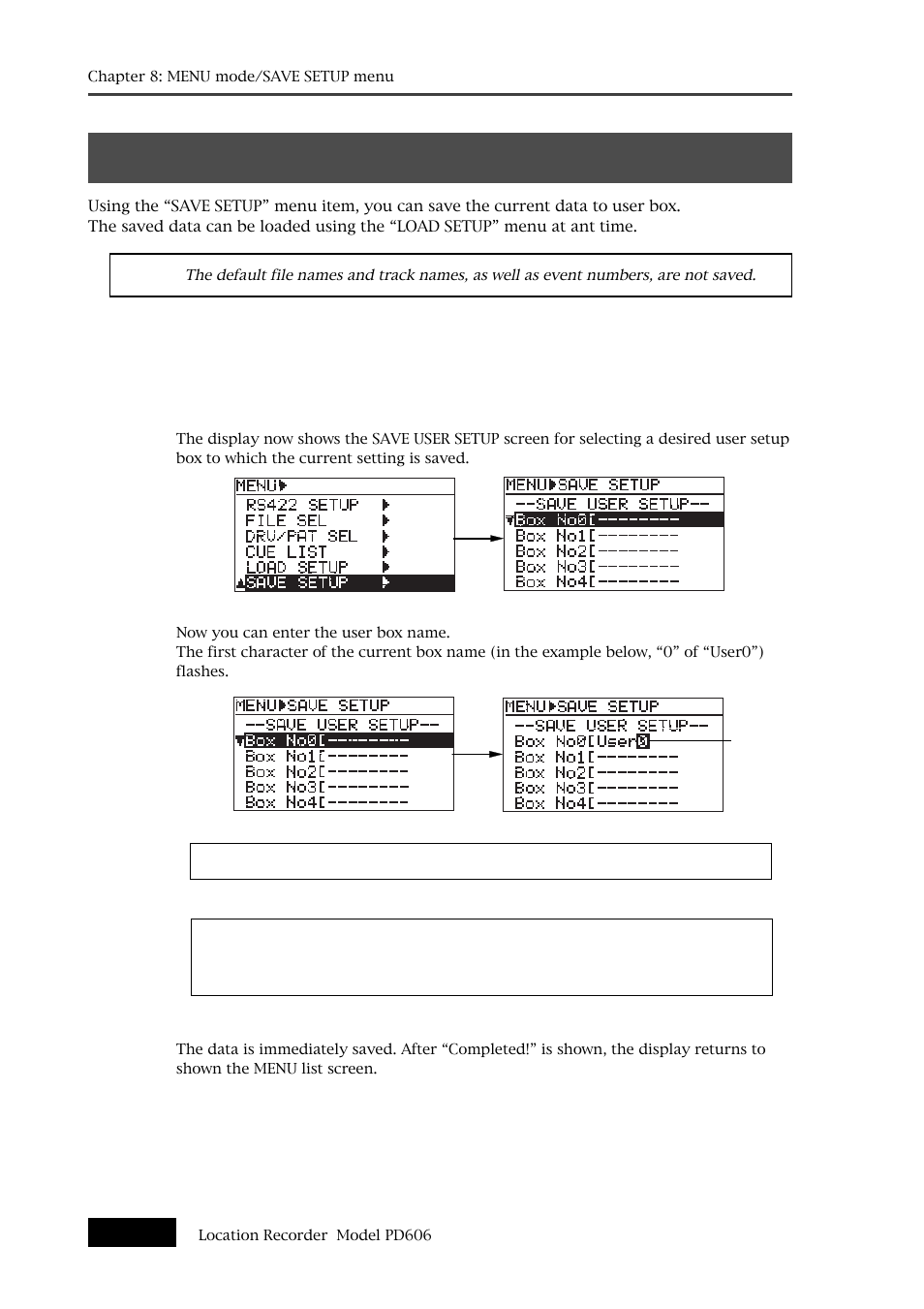 Save setup menu | Fostex PD606 User Manual | Page 214 / 226