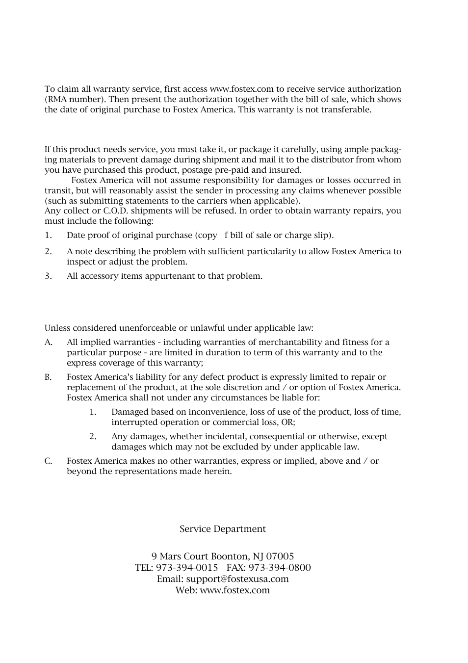 Fostex america limited warranty, Shipping | Fostex PD606 User Manual | Page 224 / 226