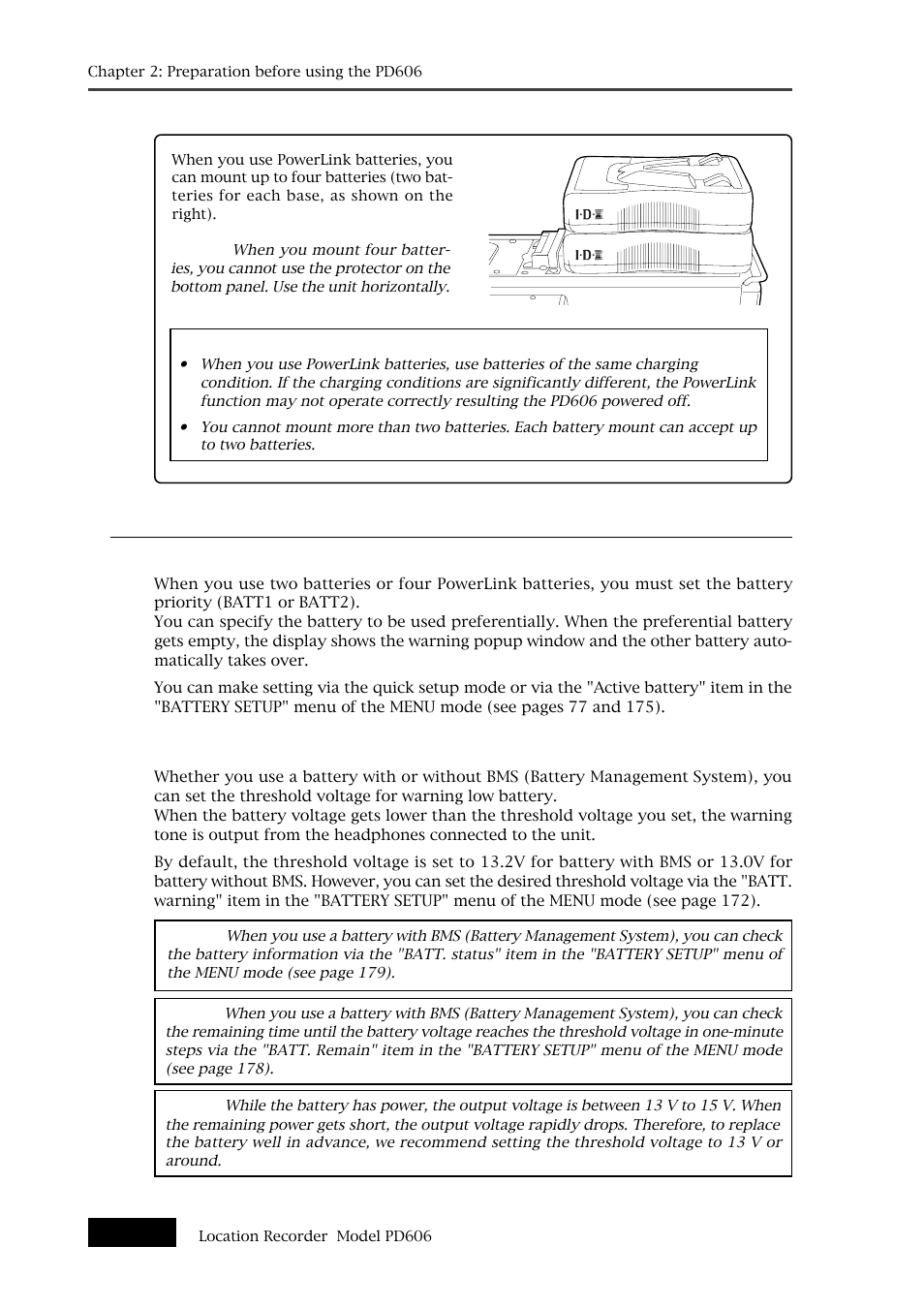 Important settings for using the battery | Fostex PD606 User Manual | Page 24 / 226