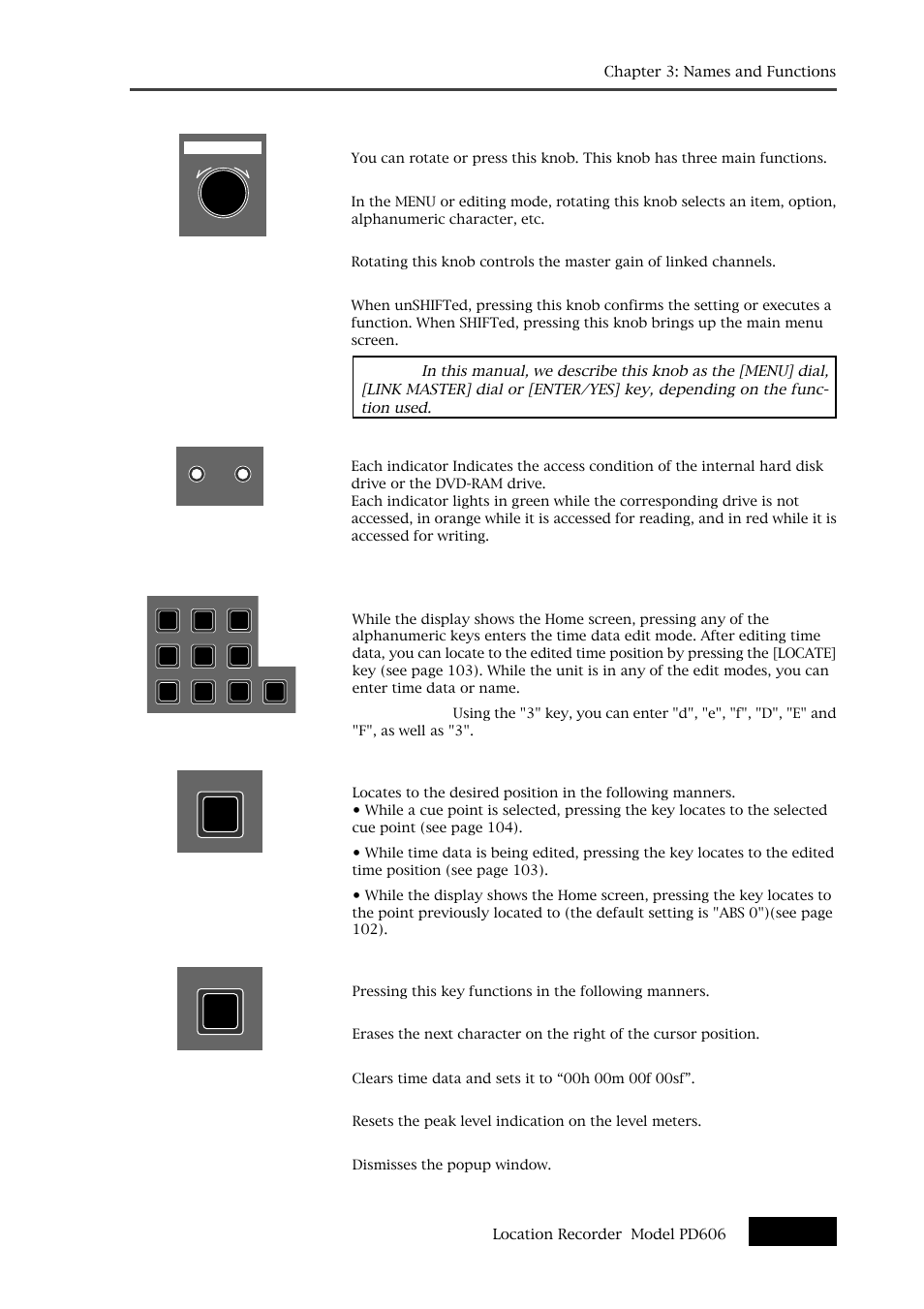 [access] indicator (hdd, dvd), [menu]/[link master] dial / [enter/yes] key, Alphanumeric keys | [clear] key, [locate] key | Fostex PD606 User Manual | Page 47 / 226