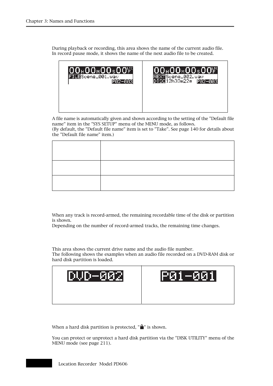 Current drive/file number, Protect icon, File name/next file name | Disk remaining | Fostex PD606 User Manual | Page 58 / 226