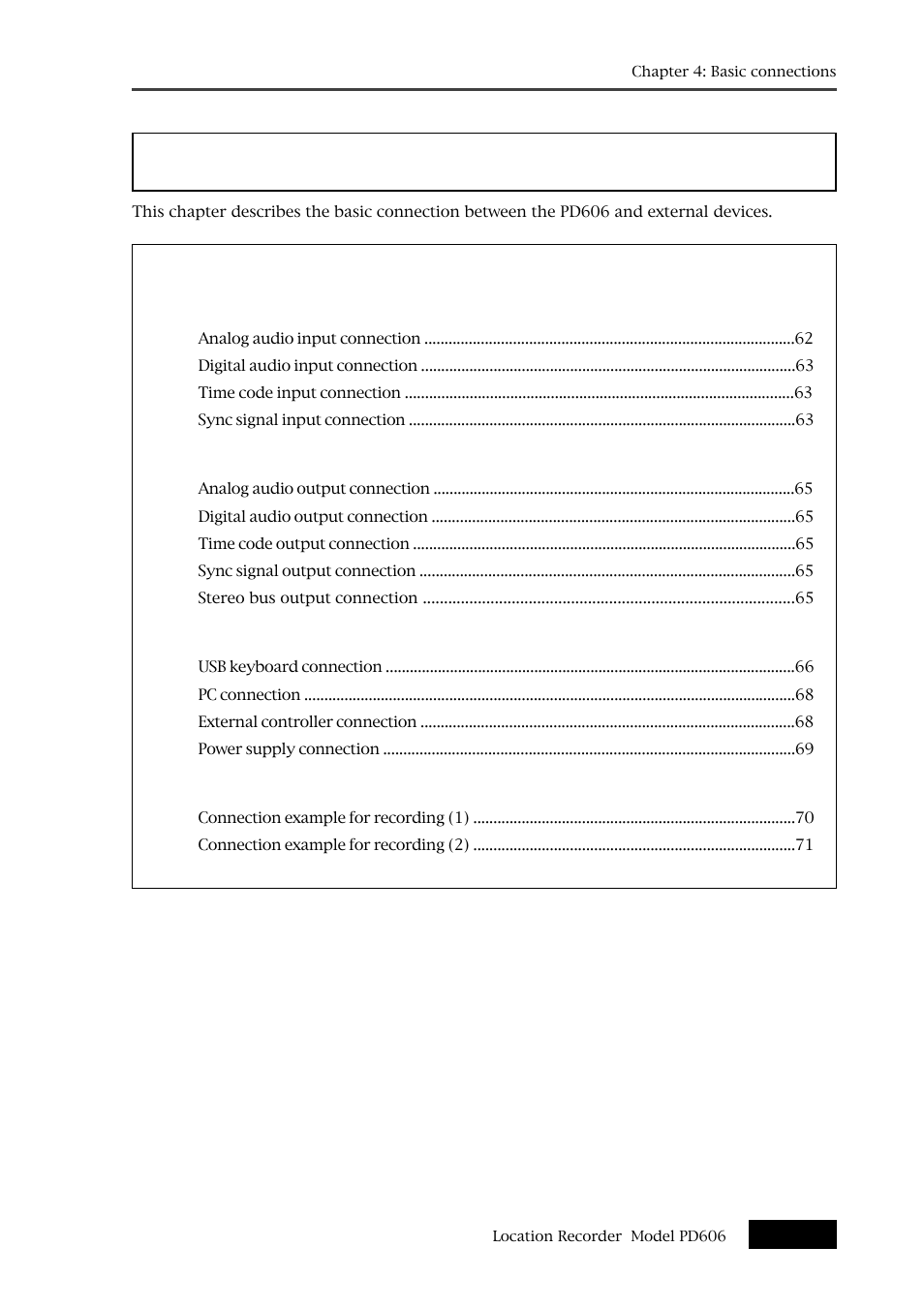 Chapter 4: basic connections, Chapter 4 - table of contents | Fostex PD606 User Manual | Page 61 / 226