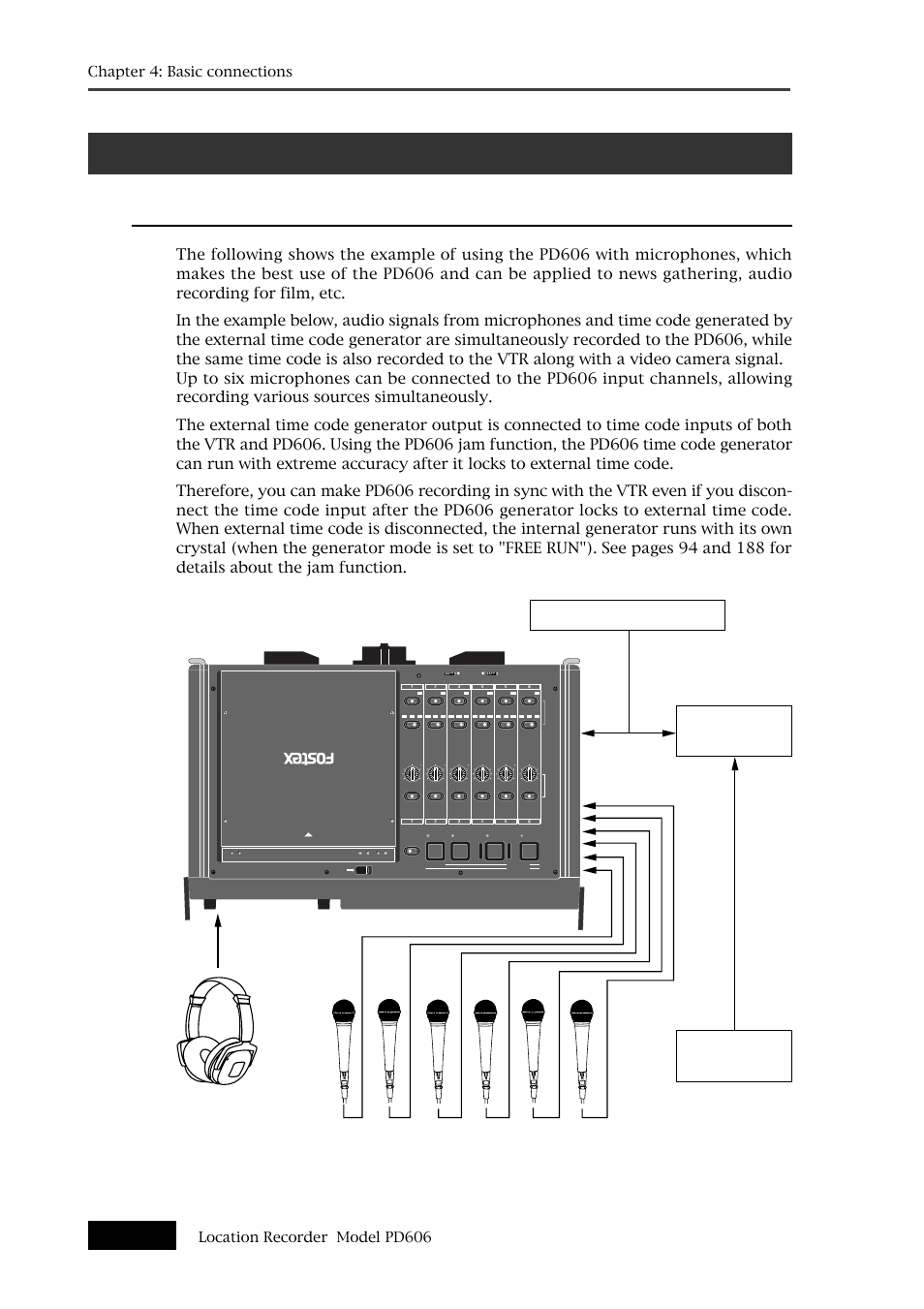 Connection examples, Connection example for recording (1), External tc generator vtr camera | Analog in | Fostex PD606 User Manual | Page 70 / 226