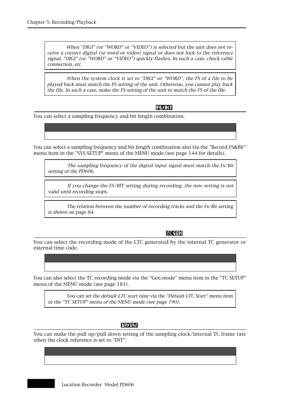 Sampling frequency and bit length selection, Tc generator mode setting (tc recording mode), Clock pull up/pull down setting | Fostex PD606 User Manual | Page 76 / 226