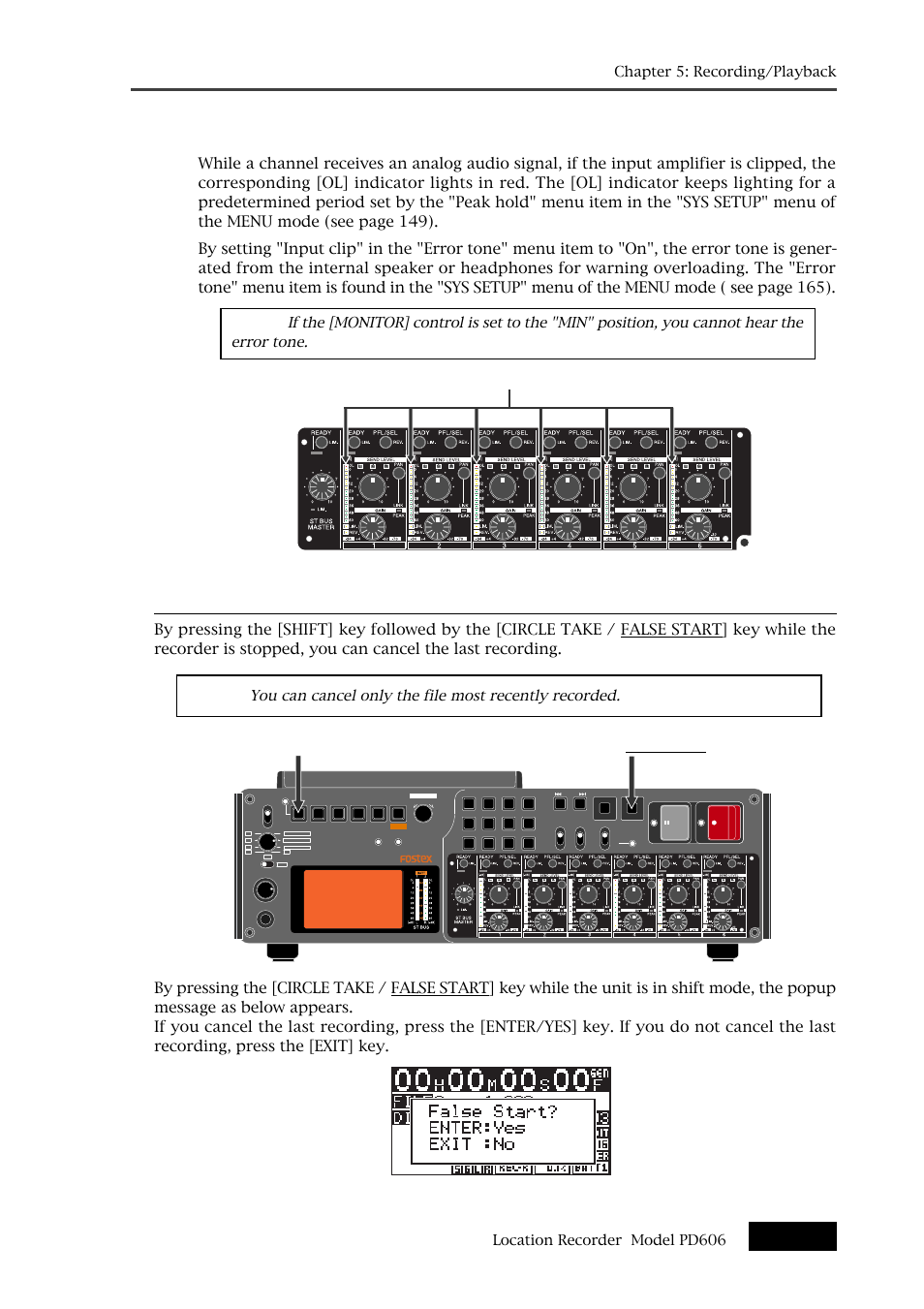 Canceling recording (false start), About overloading during recording | Fostex PD606 User Manual | Page 89 / 226