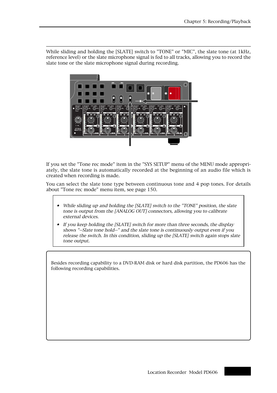 Recording a slate tone/slate mic signal, Hints, Slate] switch slate microphone | Fostex PD606 User Manual | Page 91 / 226