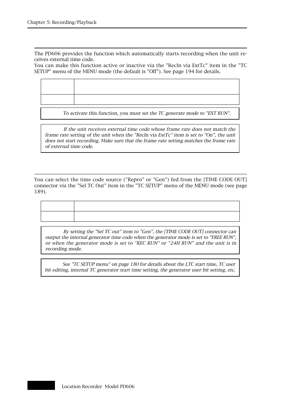 Setting the time code output, Automatic record start by external time code | Fostex PD606 User Manual | Page 94 / 226