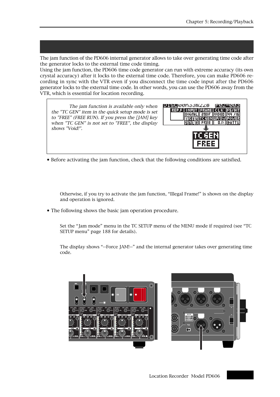 Force jam to external time code, 2) set the [jam] switch to “on, Jam] switch external time code | Fostex PD606 User Manual | Page 95 / 226