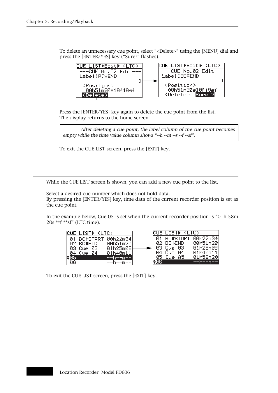 Adding a new cue point to the cue point list | Fostex PD606 User Manual | Page 98 / 226