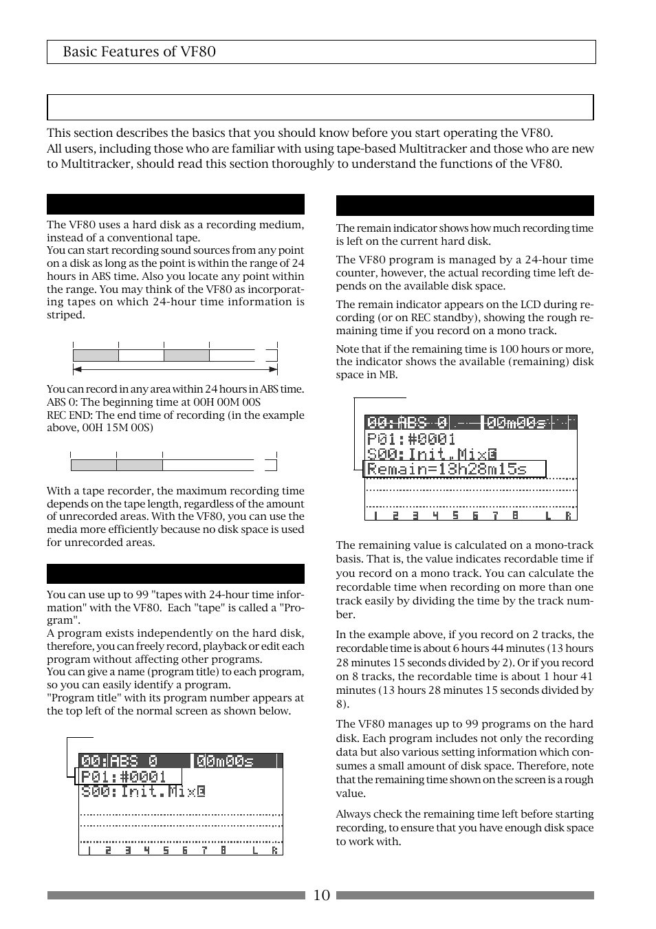 Before operating, Remain indicator recording method program, 10 basic features of vf80 | Fostex VF80 User Manual | Page 10 / 144