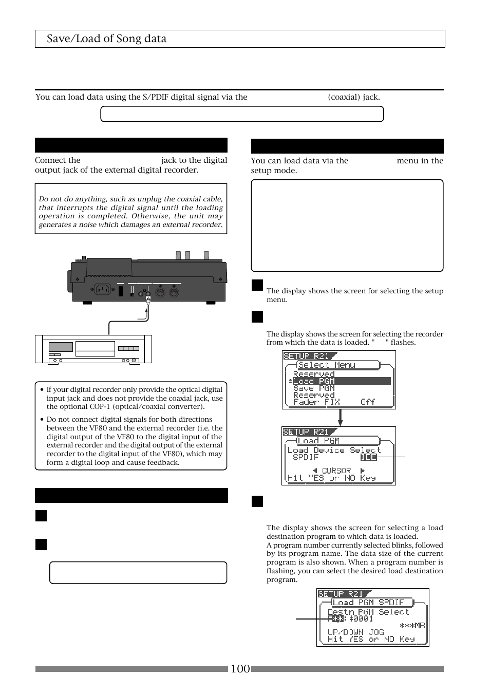 Loading data using the s/pdif signal, 100 save/load of song data, Connecting to an external recorder | Setting the external recorder, Loading data, Vf80 | Fostex VF80 User Manual | Page 100 / 144