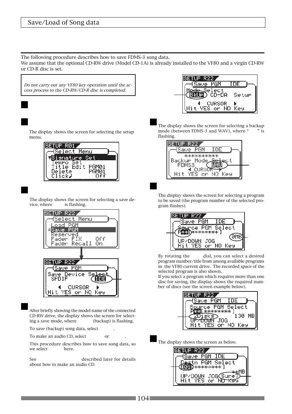 Saving data using a cd-rw drive (backup), 104 save/load of song data | Fostex VF80 User Manual | Page 104 / 144