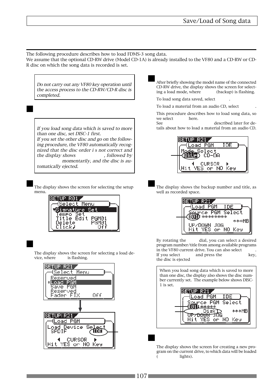 Loading backup data from a cd-rw drive, 107 save/load of song data | Fostex VF80 User Manual | Page 107 / 144