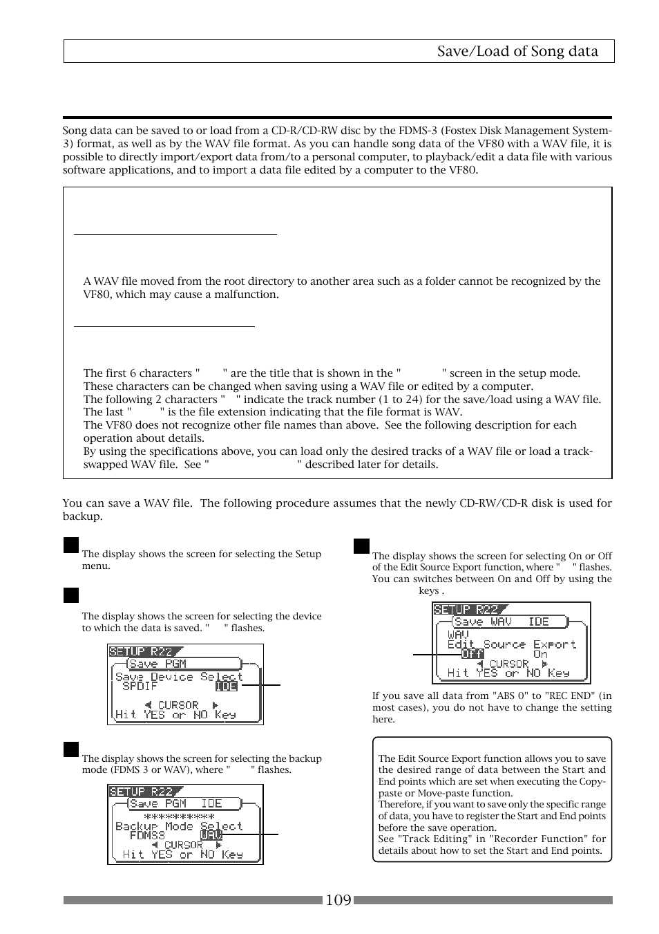 Saving a wav file, 109 save/load of song data, About directory of a backup disk | About file names of wav files | Fostex VF80 User Manual | Page 109 / 144