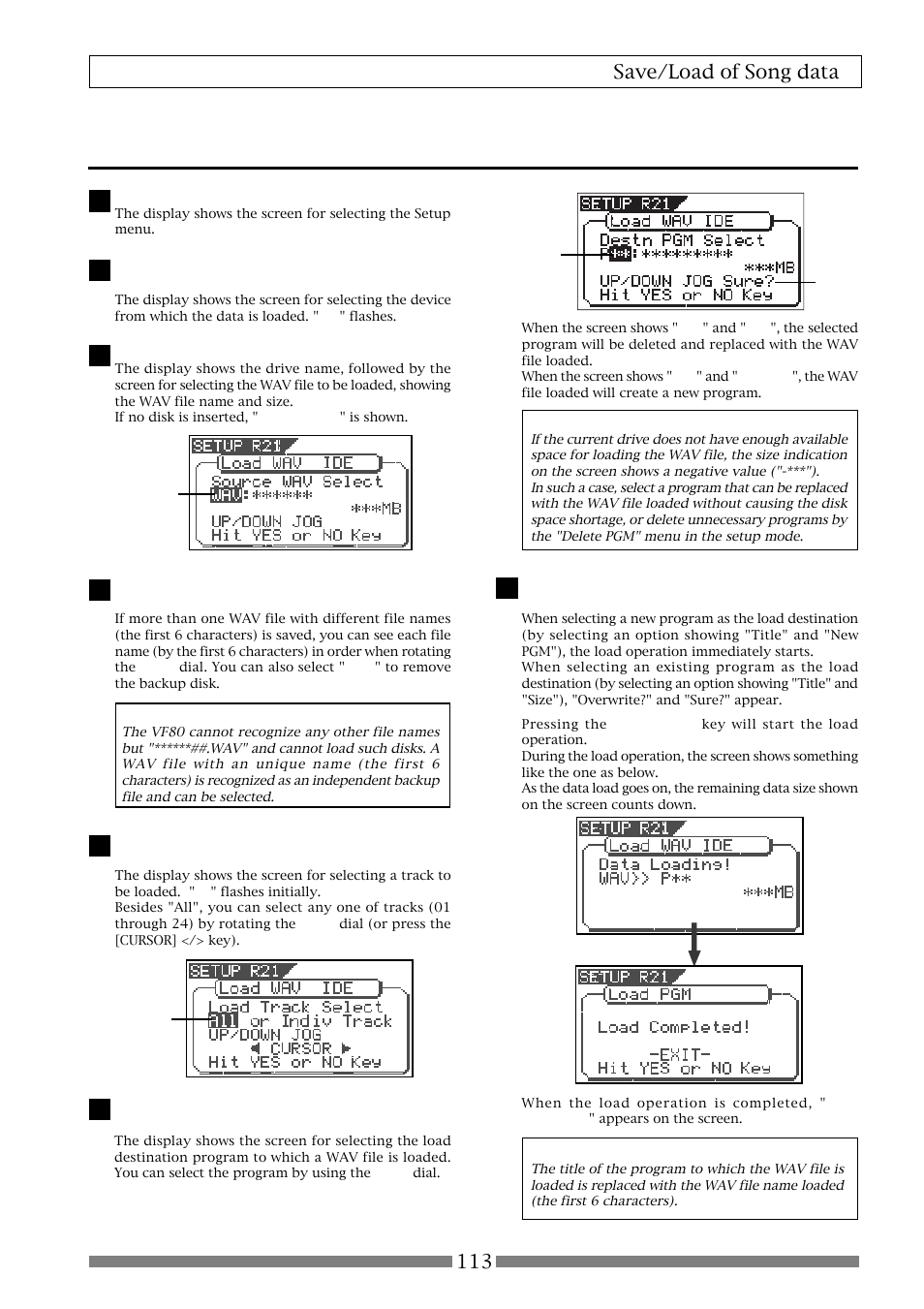 Loading a wav file, 113 save/load of song data | Fostex VF80 User Manual | Page 113 / 144