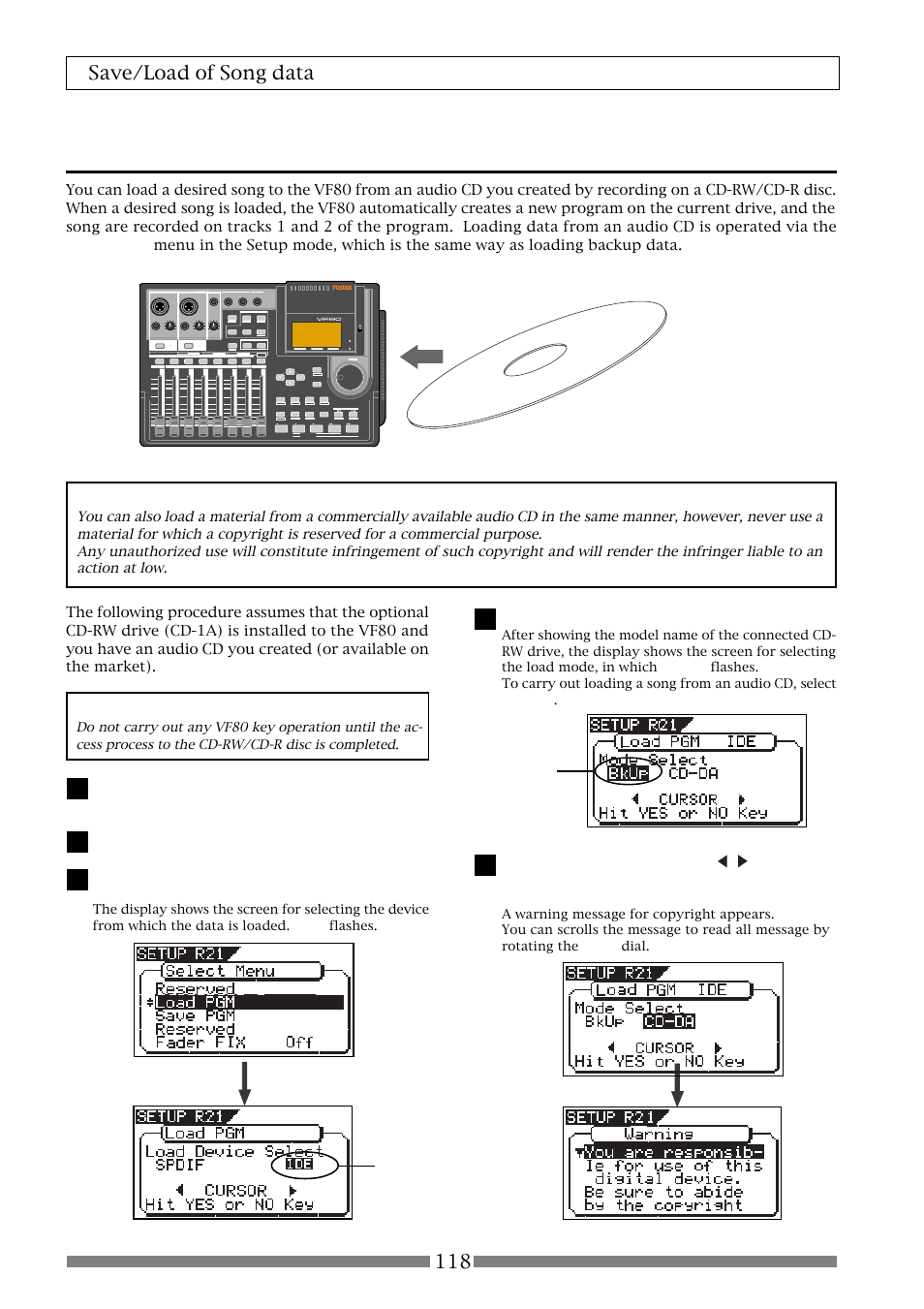 Loading from an audio cd, 118 save/load of song data | Fostex VF80 User Manual | Page 118 / 144