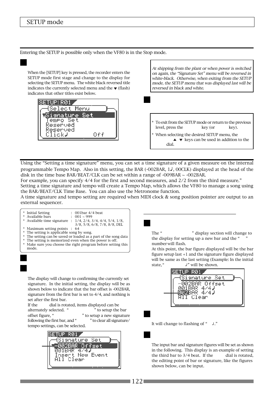 Time signature setting [“signature set, 122 setup mode, New registering of time signature | Fostex VF80 User Manual | Page 122 / 144