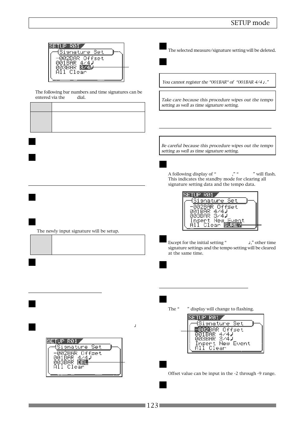 123 setup mode, Correcting the registered time signature, Clearing all time signature/tempo data | Changing the bar offset figure, Deleting a time signature | Fostex VF80 User Manual | Page 123 / 144