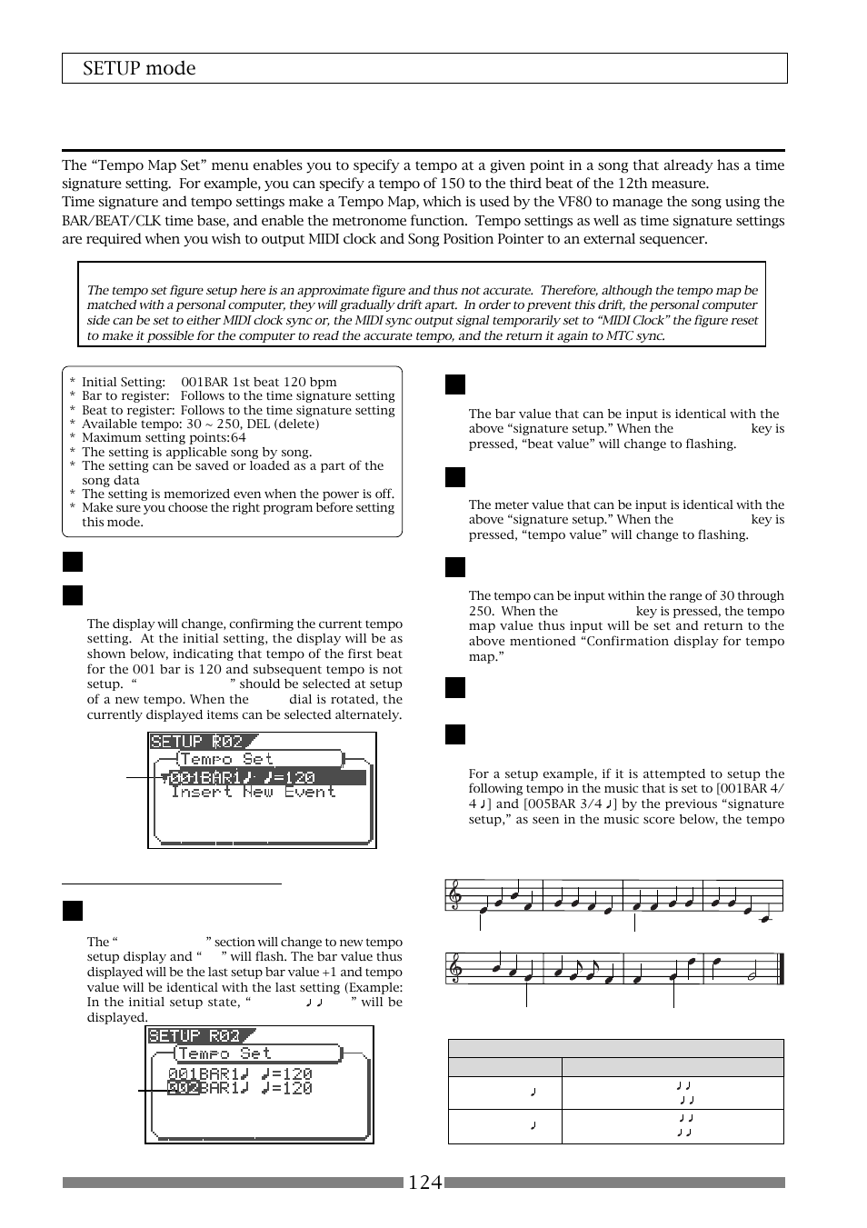 Setting a tempo [“tempo set, 124 setup mode, New registering of tempo | Fostex VF80 User Manual | Page 124 / 144