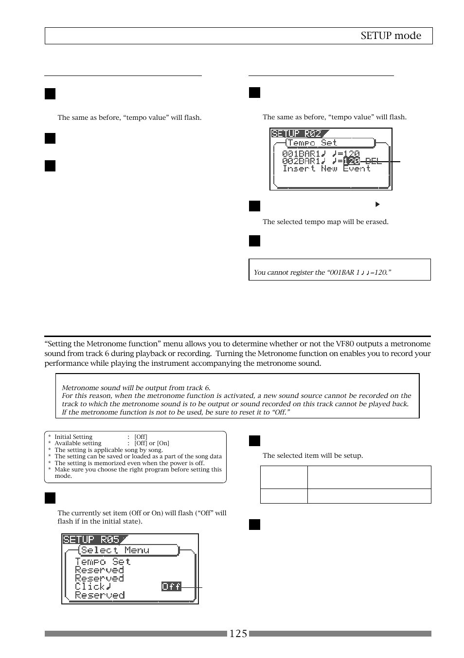 Setting the metronome function [“click, 125 setup mode • erasing of the registered tempo, Correction of the registered tempo | Fostex VF80 User Manual | Page 125 / 144