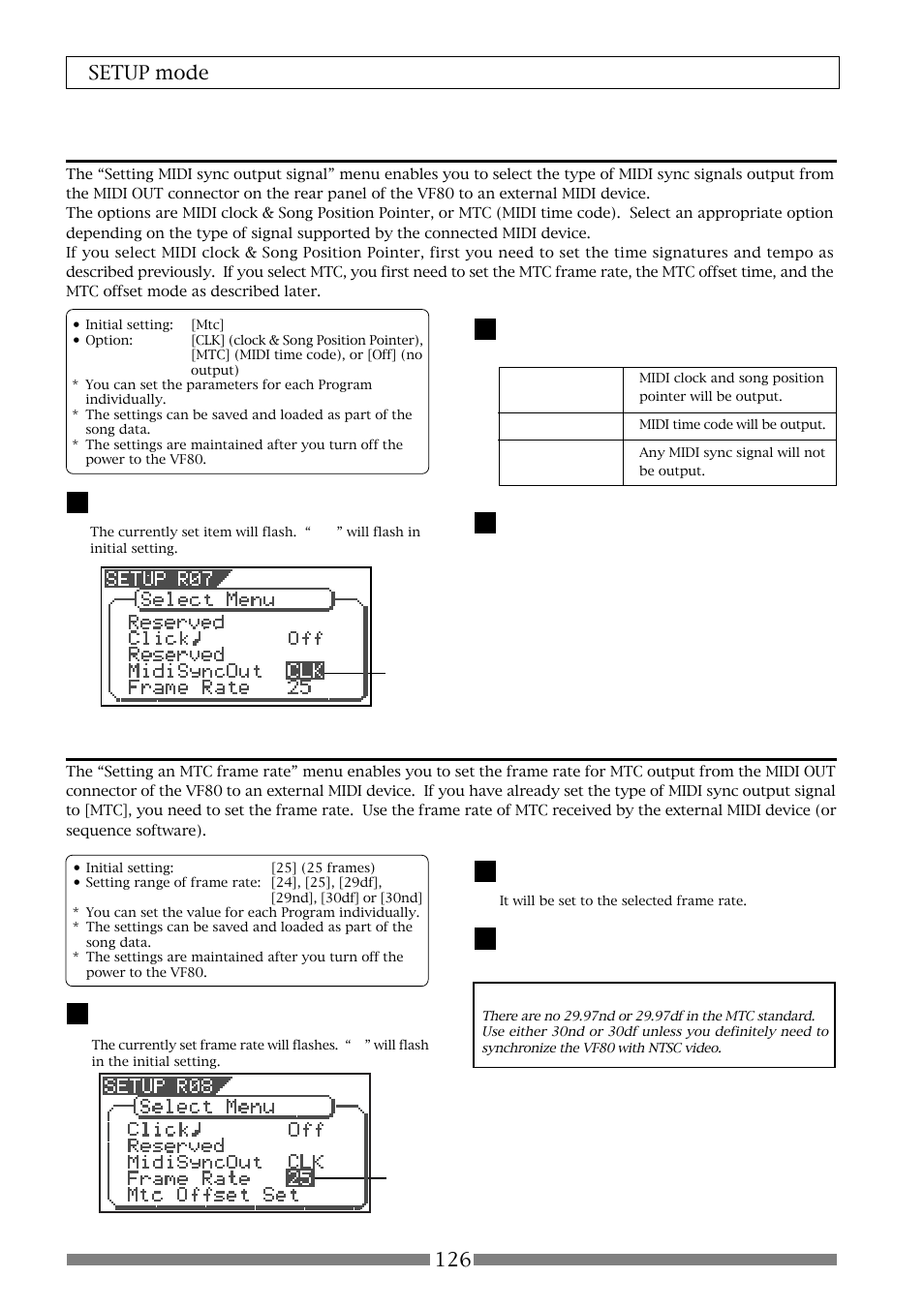 Setting midi sync output signal [“midi sync out, Setting an mtc frame rate [“frame rate, 126 setup mode | Fostex VF80 User Manual | Page 126 / 144