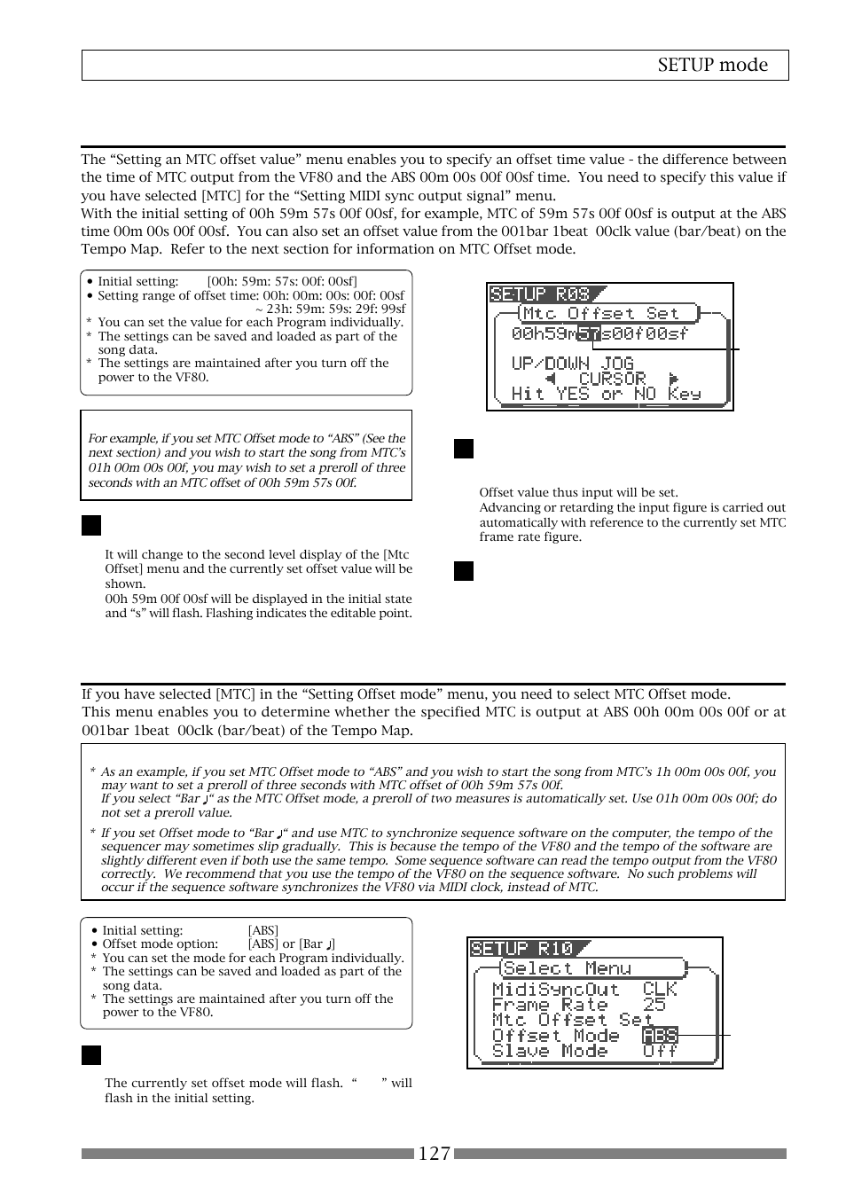 Setting mtc offset mode [“offset mode, Setting an mtc offset value [“mtc offset set, 127 setup mode | Fostex VF80 User Manual | Page 127 / 144