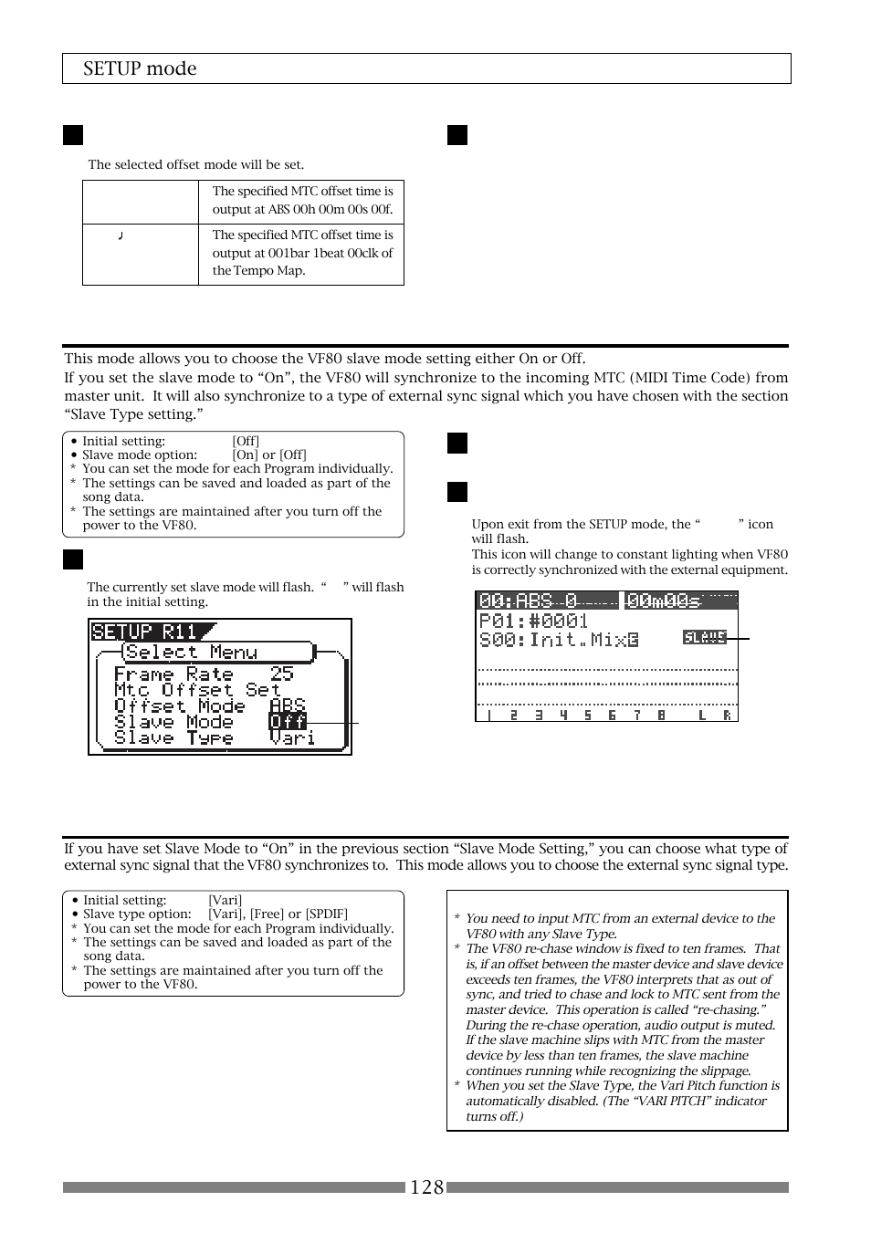 Setting the slave mode [“slave mode, Setting the slave type [“slave type, 128 setup mode | Fostex VF80 User Manual | Page 128 / 144