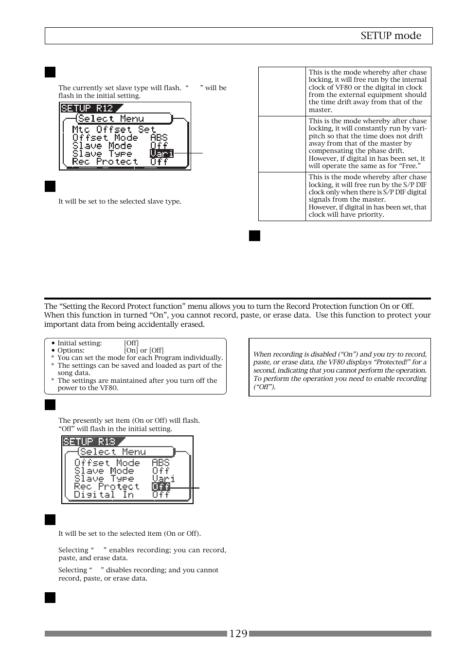 Setting the record protect function [“rec protect, 129 setup mode | Fostex VF80 User Manual | Page 129 / 144