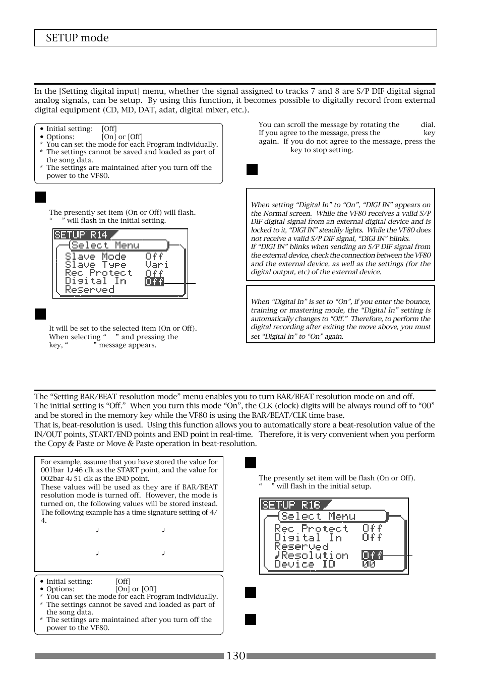 Setting digital input [“digital in, Setting bar/beat resolution mode [“resolution, 130 setup mode | Fostex VF80 User Manual | Page 130 / 144