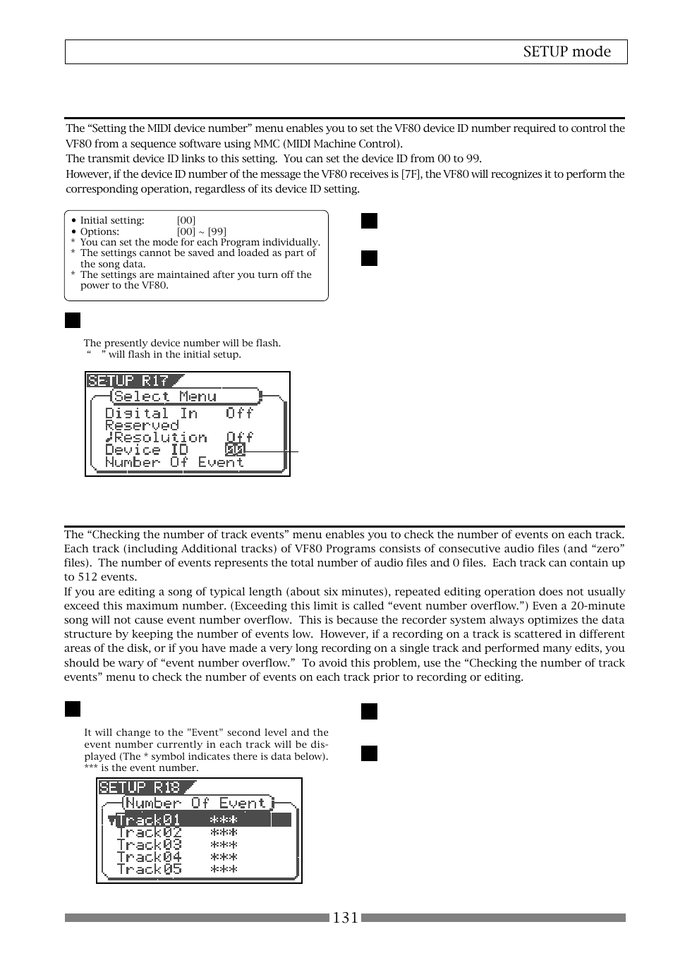 Setting the midi device number [“device id, 131 setup mode | Fostex VF80 User Manual | Page 131 / 144