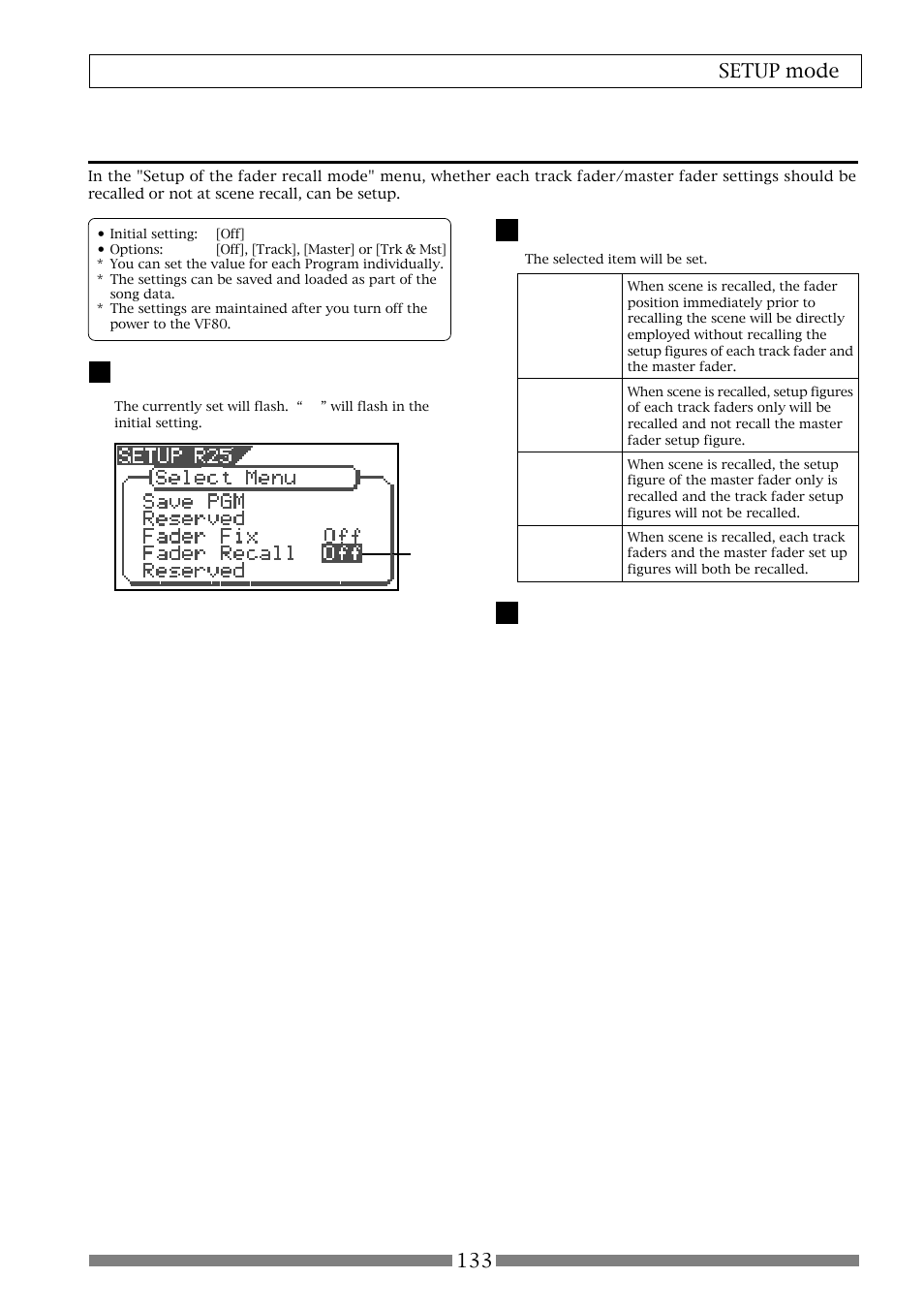 Fader recall mode setting [“fader recall, 133 setup mode | Fostex VF80 User Manual | Page 133 / 144