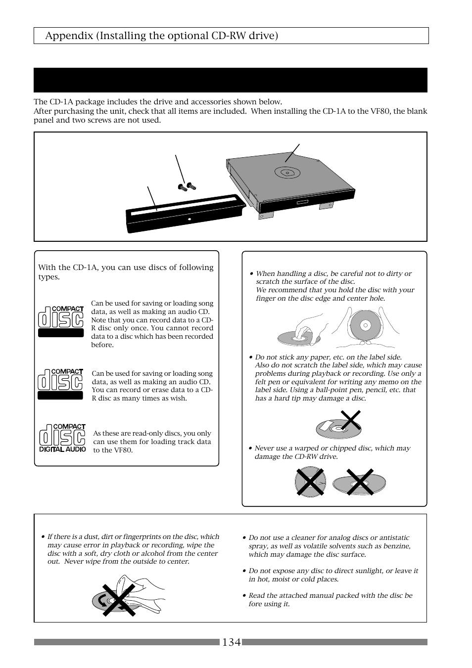 Installing the cd-1a, 134 appendix (installing the optional cd-rw drive) | Fostex VF80 User Manual | Page 134 / 144