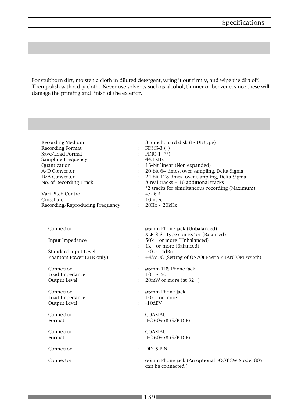 Maintenance specifications, 139 specifications | Fostex VF80 User Manual | Page 139 / 144