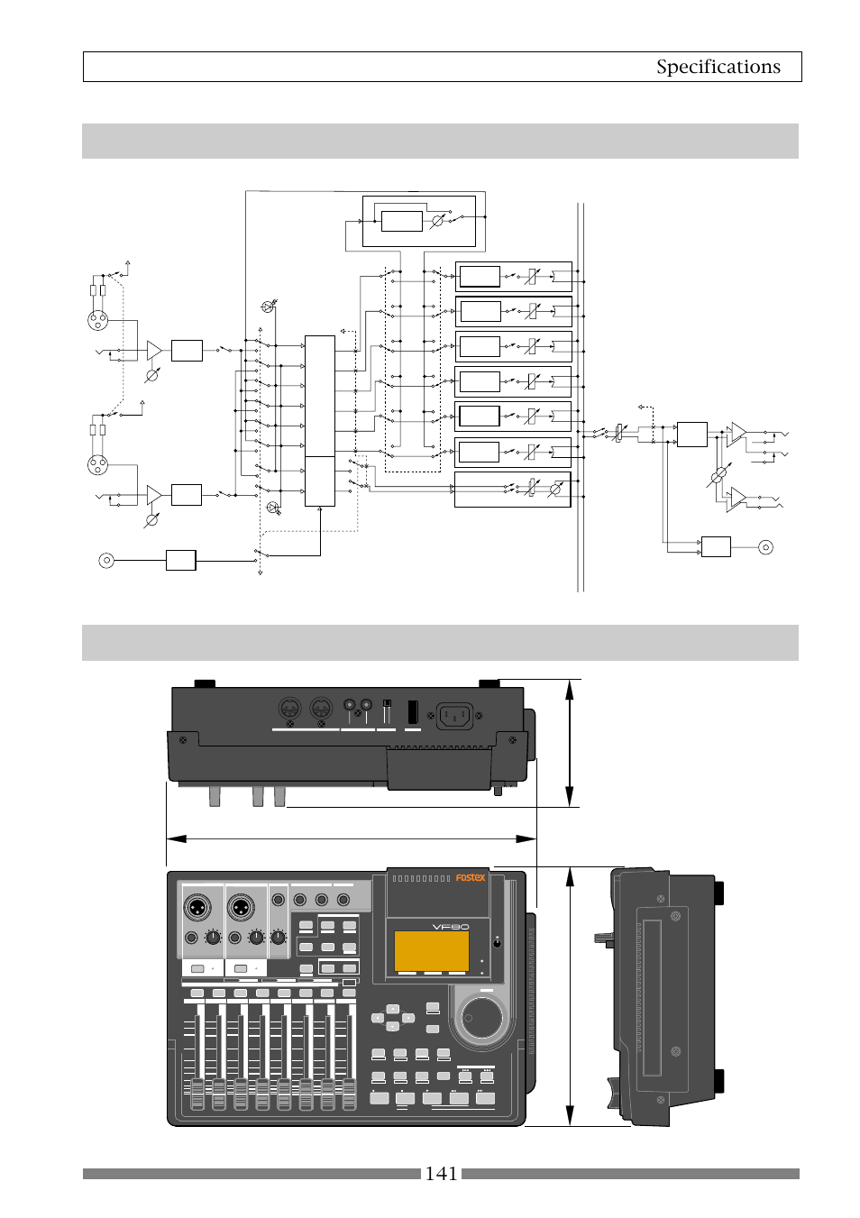 Dimensions, Block diagram (when using the insert effect), 141 specifications | Ad/c, Da/c, Insert effect | Fostex VF80 User Manual | Page 141 / 144