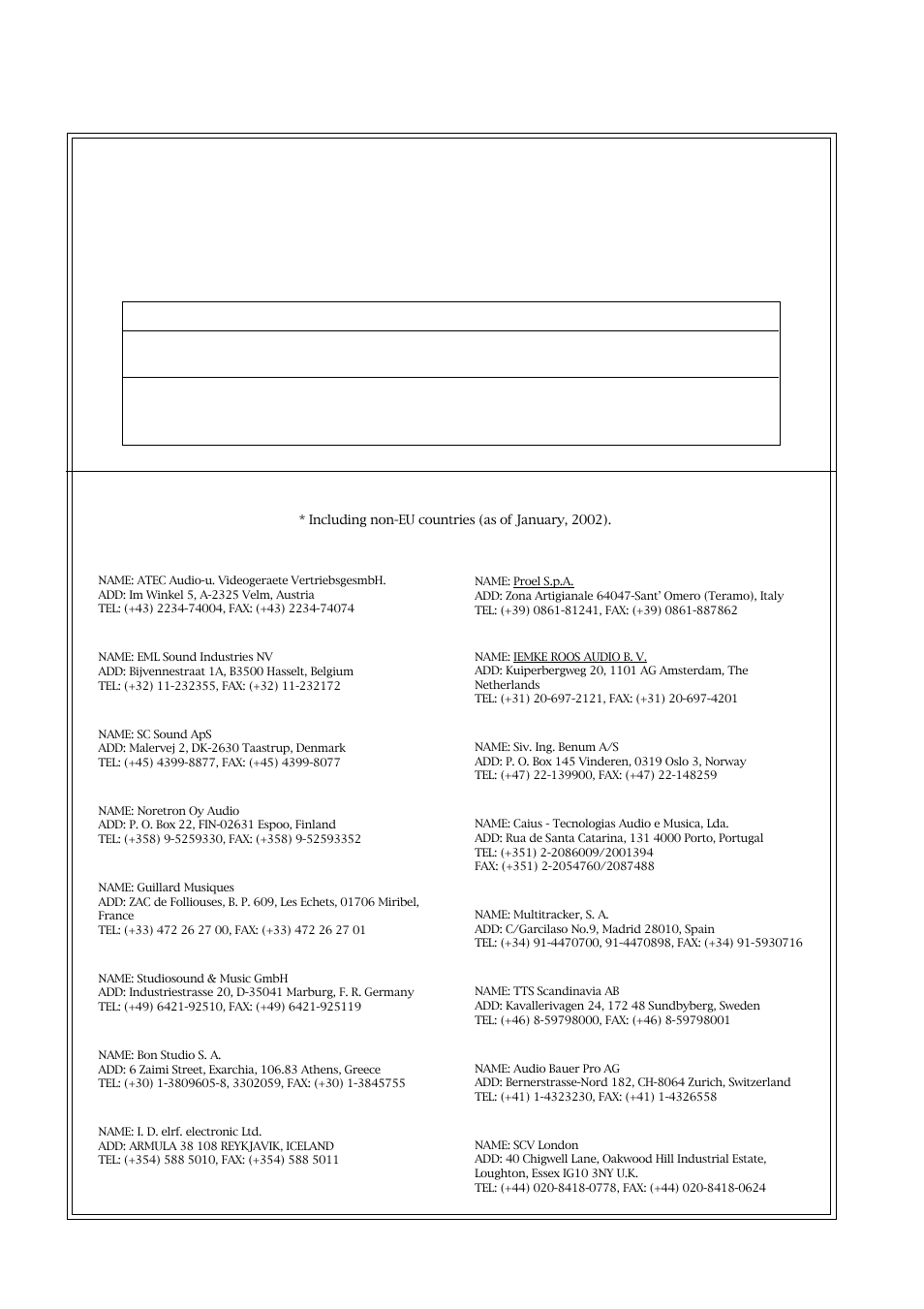 Declaration of ec directive, Fostex distributors list in europe, The affect of immunity on this equipment | Fostex VF80 User Manual | Page 142 / 144