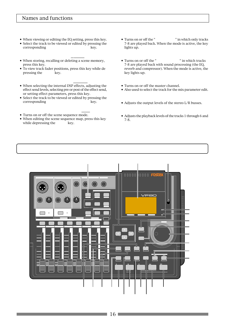 16 names and functions, [2trk mode-training] key, [2trk mode-mastering] key | [status/sel-master] key, [master] fader, Track faders, [mix parameter-eq] key, [mix parameter-scene / fader] key, [mix parameter-effect / on/off] key, [mix parameter-scene seq. / map] key | Fostex VF80 User Manual | Page 16 / 144