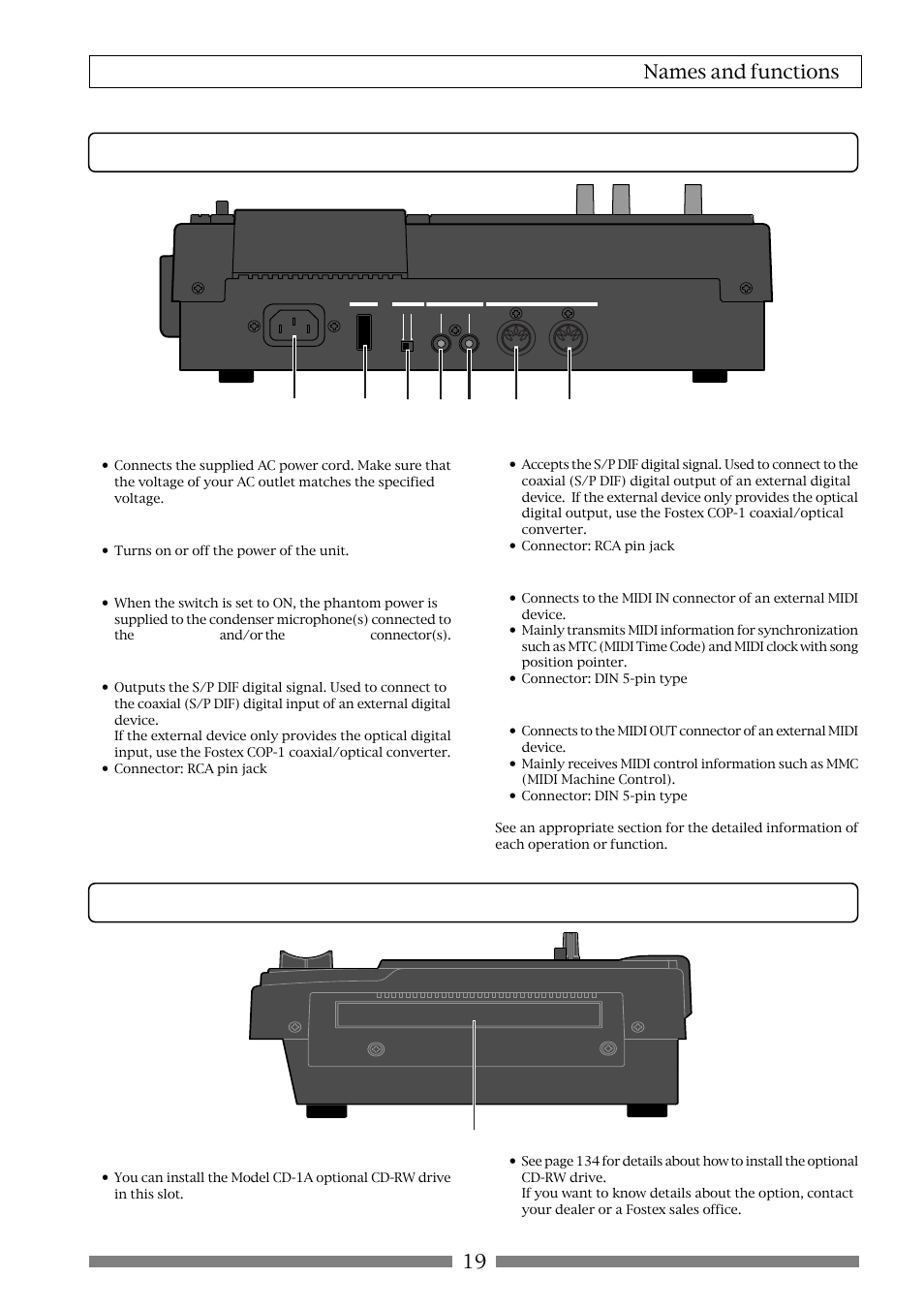 Rear panel side panel, 19 names and functions | Fostex VF80 User Manual | Page 19 / 144
