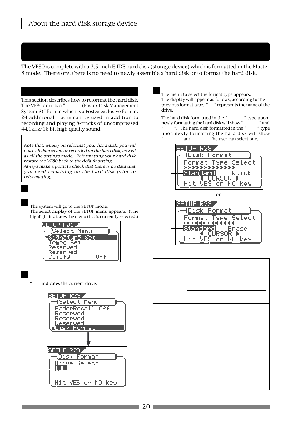 About the hard disk storage device, 20 about the hard disk storage device, Reformatting the hard disk | Fostex VF80 User Manual | Page 20 / 144