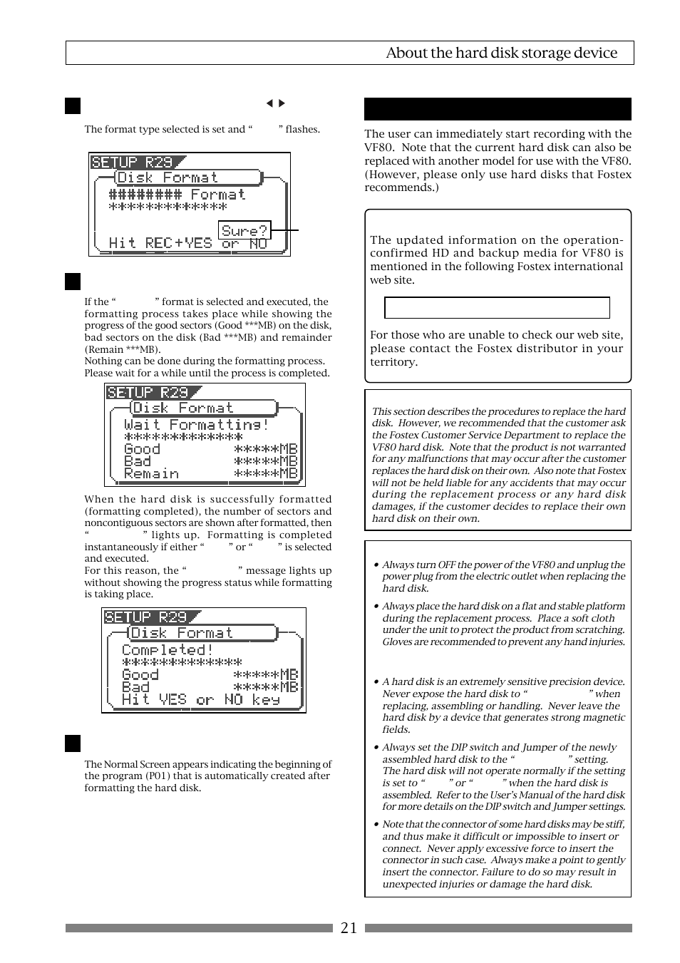 21 about the hard disk storage device, Replacing a hard disk | Fostex VF80 User Manual | Page 21 / 144