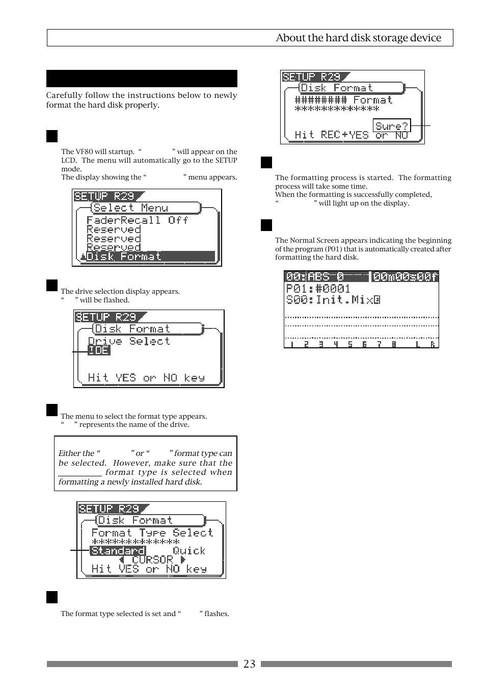 23 about the hard disk storage device, Formatting the hard disk | Fostex VF80 User Manual | Page 23 / 144