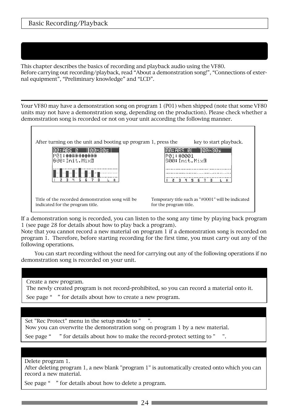 Basic recording and playback, About a demonstration song | Fostex VF80 User Manual | Page 24 / 144