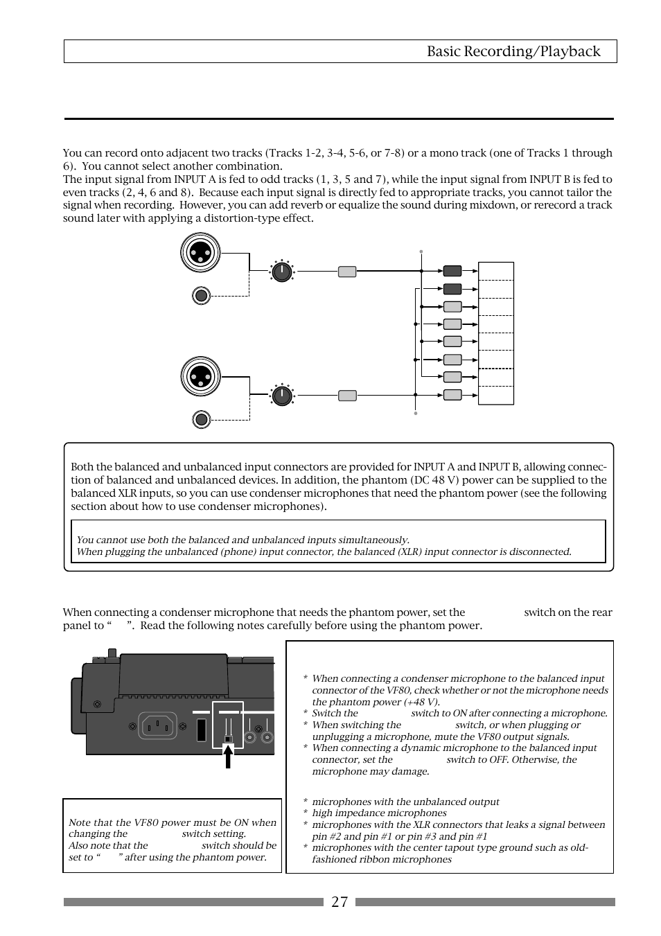 Preliminary knowledge, Inputs and tracks, How to use condenser microphones | 27 basic recording/playback | Fostex VF80 User Manual | Page 27 / 144