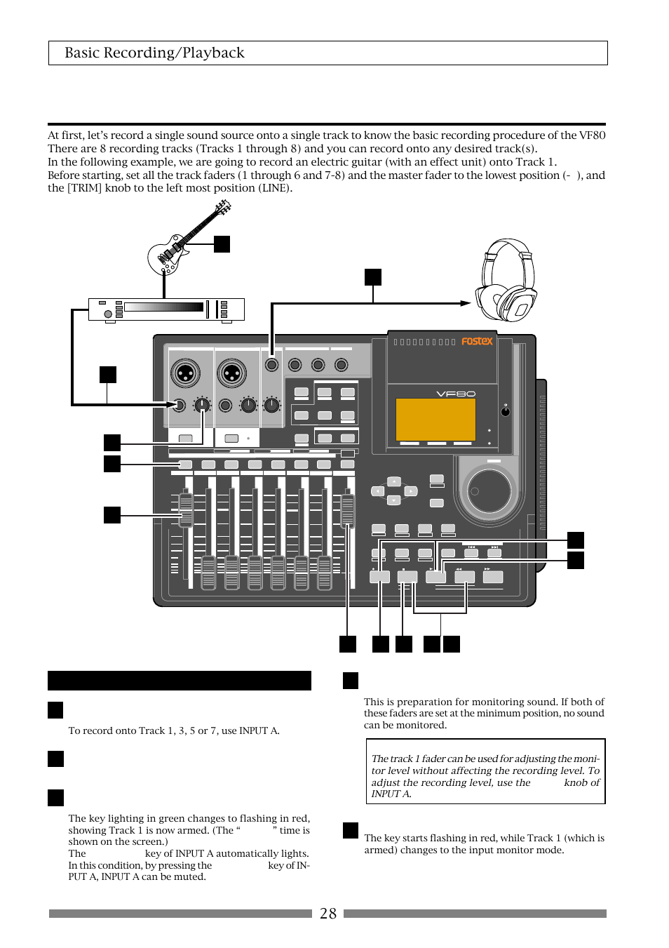 Basic recording (recording onto a single track), 28 basic recording/playback, Preparation for recording | Press the [record] key | Fostex VF80 User Manual | Page 28 / 144