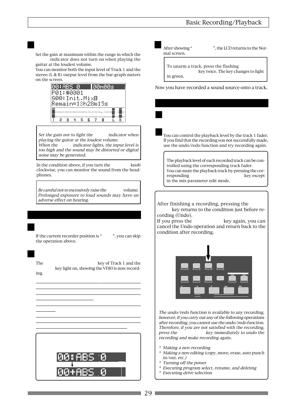 29 basic recording/playback, Recording, Playback | Undo/redo | Fostex VF80 User Manual | Page 29 / 144