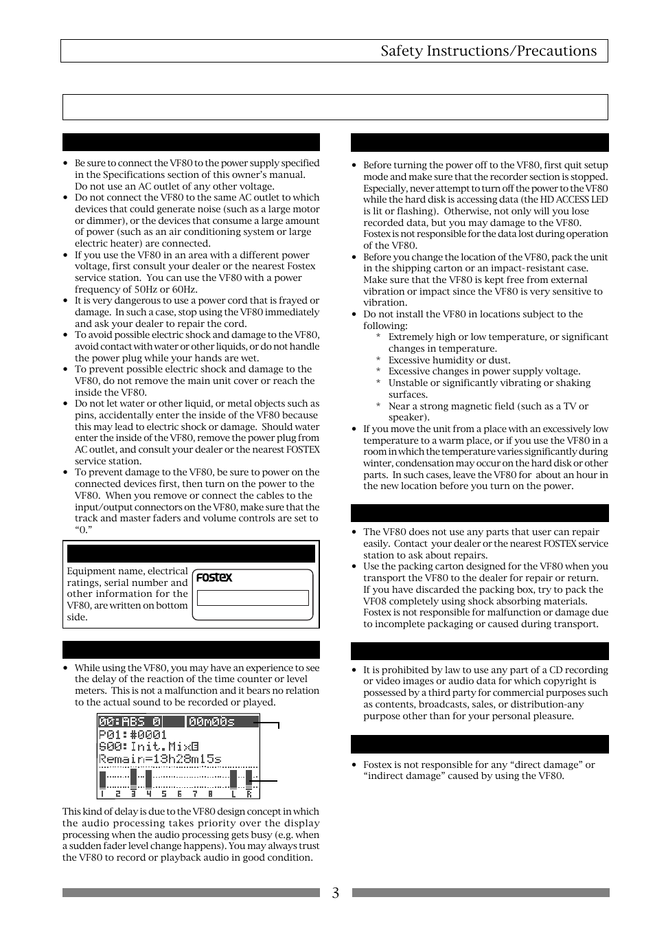 Precautions, 3safety instructions/precautions, Important | About power supply, Delay of display indication | Fostex VF80 User Manual | Page 3 / 144