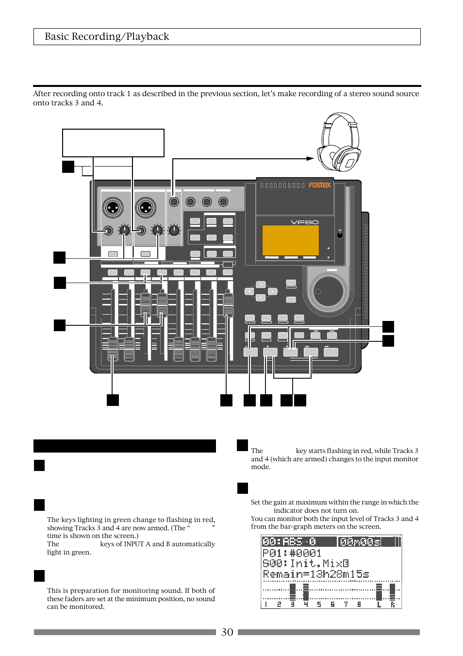 Basic recording (recording onto two tracks), 30 basic recording/playback, Stereo source | Preparation for recording, Press the [record] key | Fostex VF80 User Manual | Page 30 / 144