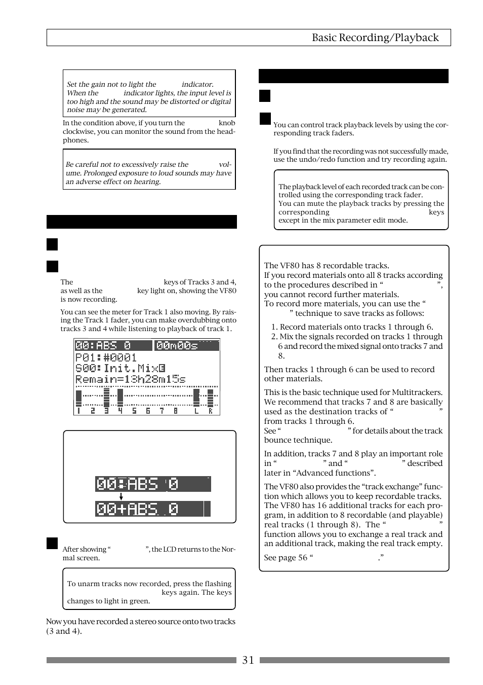 31 basic recording/playback, Recording, Playback | Fostex VF80 User Manual | Page 31 / 144