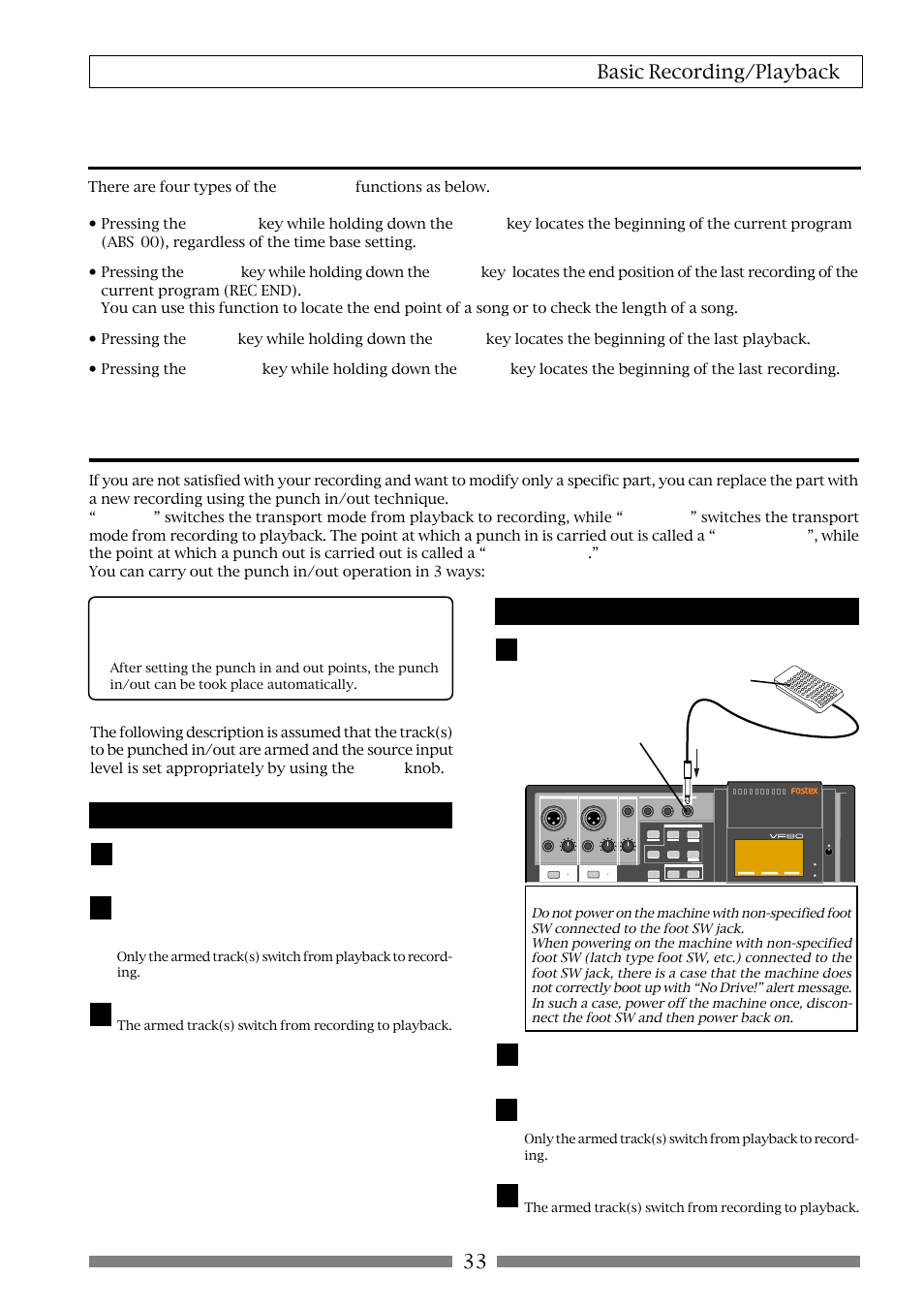 Abs locate functions, Punch in/out, 33 basic recording/playback | Punch in/out using the foot switch, Manual punch in/out using the keys on the unit, At the punch out point, press the [play] key, At the punch out point, step on the foot switch | Fostex VF80 User Manual | Page 33 / 144